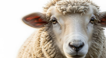 Sheep portrait on a white background. Sheep close-up.の素材