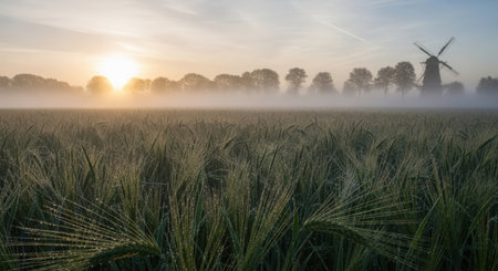 Sunrise over a field with ears of wheat and a windmillの素材