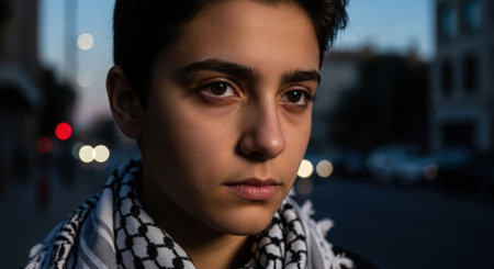 Portrait of a young man with scarf in the city at nightの素材