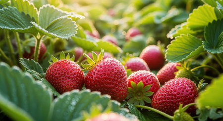 Strawberry fields. Strawberries growing in the field. Fresh strawberries on the field.の素材