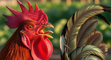 Rooster and rooster in the garden, close-up.の素材