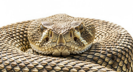 Close up of the head of a rattlesnake on white backgroundの素材