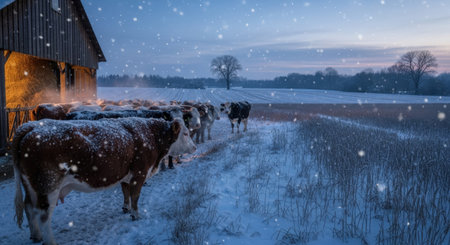 Cows graze on a snowy field in the winter, panoramaの素材