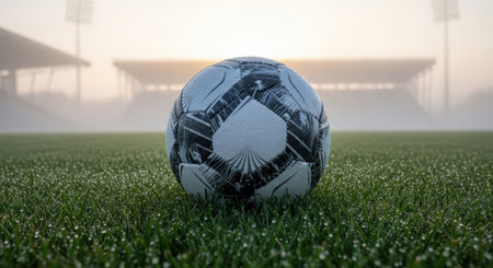 Soccer ball on green grass with foggy background. 3d renderingの素材