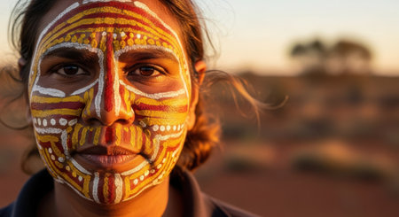Close-up portrait of a young woman with face painting in the desertの素材