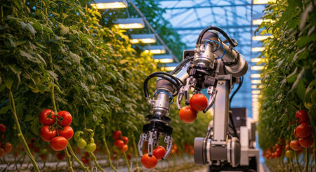 Robotic arm with tomato in a greenhouse. Industrial robot in a greenhouse.の素材