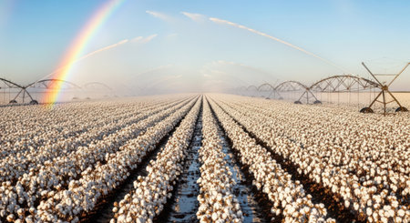 Cotton field with irrigation system and rainbow in the sky in winterの素材