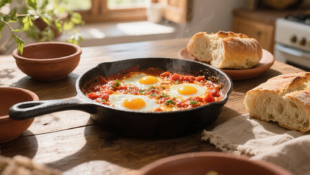 Shakshuka in a frying pan on the kitchen table.の素材