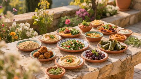 Traditional Greek appetizers in terracotta plates on a terraceの素材