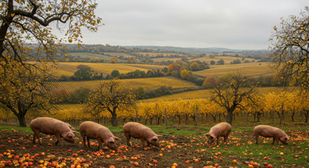 Flock of pigs eating apples in a vineyard in autumn.の素材