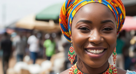 Portrait of beautiful African woman with multicolored headscarfの素材