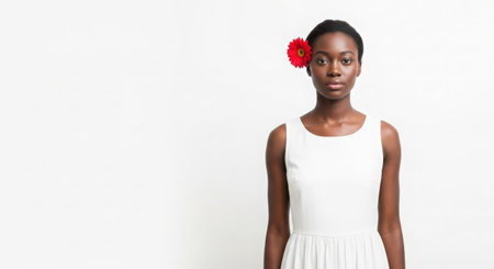 Beautiful young African American woman with red flower in her hairの素材