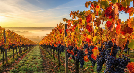panoramic view of autumn vineyard with rows of red and black grapes at sunsetの素材