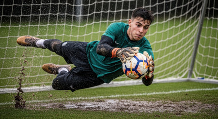 Soccer player with ball in action on the field of stadium.の素材