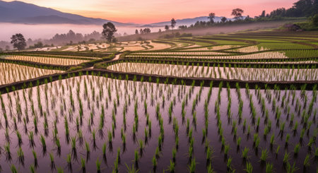 Rice field in the morning at Chiang Mai, Thailand.の素材