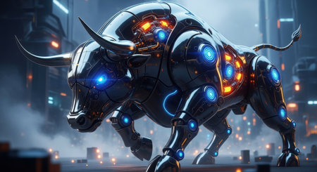 Futuristic powerful robot with glowing eyes. 3D rendering.の素材