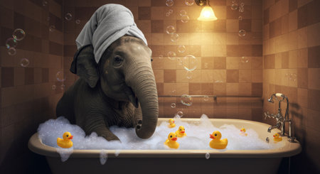Elephant in bathtub with ducklings and soap bubbles floating aroundの素材