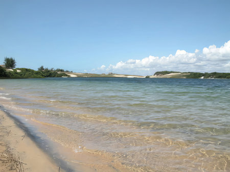 Tropical beach with white sand, turquoise water and blue skyの写真素材