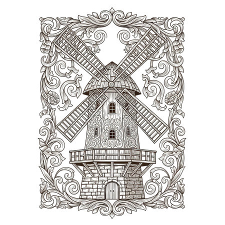 Hand drawn sketch of windmill. Vector illustration for your design.のイラスト素材