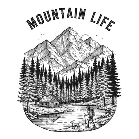 Mountain life. Hand drawn vector illustration in vintage engraved style.のイラスト素材