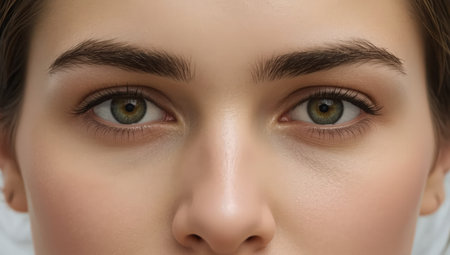 close up view of beautiful young woman with green eyes looking at cameraの素材