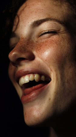 Close-up portrait of a beautiful young woman with frecklesの素材
