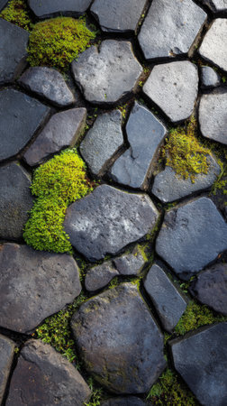 Stone walkway with moss and lichen in the garden, close upの素材