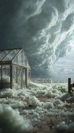 Greenhouse under heavy rain and stormy sky, 3d renderの素材