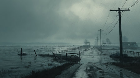 Foggy morning in the village. Morning fog in the village.の素材