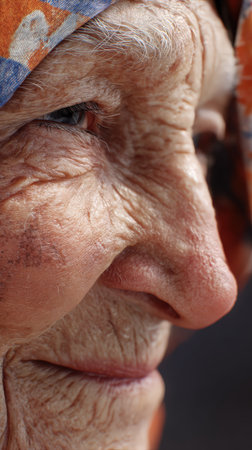 Old woman with a scarf on her head. Close-up.の素材
