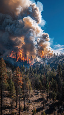 Forest fire in the mountains. View from the top of the mountain.の素材