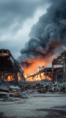 Abandoned industrial area in the smoke and flames of fire.の素材