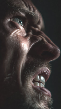 Close-up portrait of an old man on a dark background.の素材