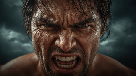 Angry man screaming in the dark. Close-up portrait.の素材