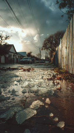 Ice floes in the street in the evening. Nature background.の素材