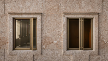 3d rendering of two windows on a beige stone wall.の素材