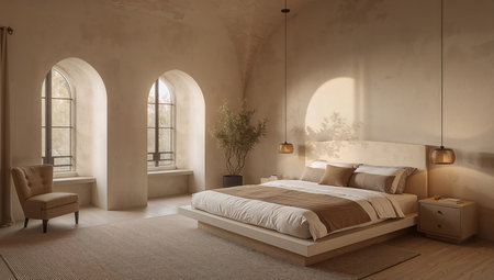 3D rendering of a bedroom in a classic style with large windowsの素材