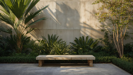 Wooden bench in the garden with shadow of palm trees and wallの素材