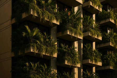 Exterior of a modern apartment building with green plants in the foregroundの素材