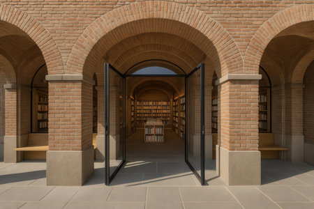 3d render of an entrance to a public library with a bookcaseの素材