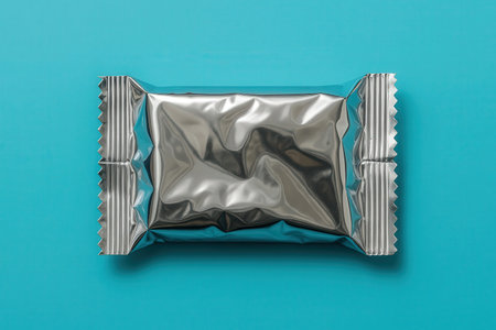 blank foil sachet isolated on blue background with clipping path.の素材