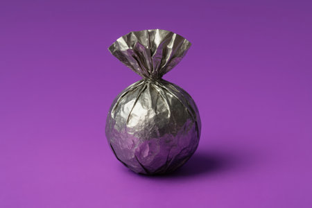 Candy in a silver wrapper on a purple background, close-upの素材