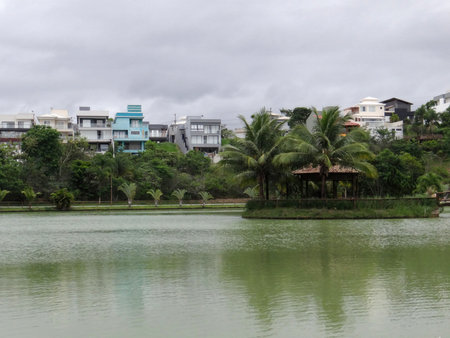 Pond and houses in the suburb of Kuala Lumpur, Malaysia.の写真素材