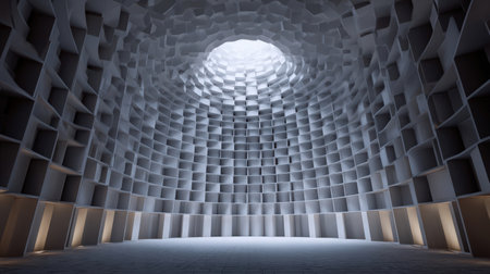 3d rendering of an empty room with a round hole in the wallの素材