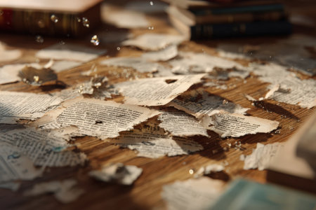 Crumpled paper on a wooden table with books and other itemsの素材