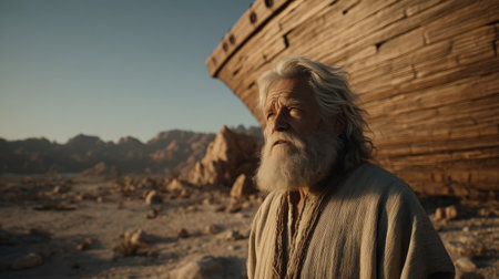 Old man with white beard and mustache in the desert at sunset.の素材