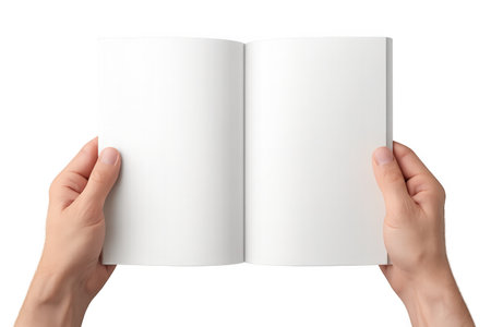Hands holding blank brochure isolated on white background. Mockup for designの素材