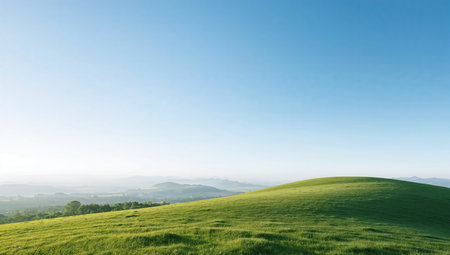 Green meadow with mountains and blue sky background. Nature composition.の素材