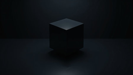 3d rendering of black cube on black background. Futuristic geometric shape.の素材