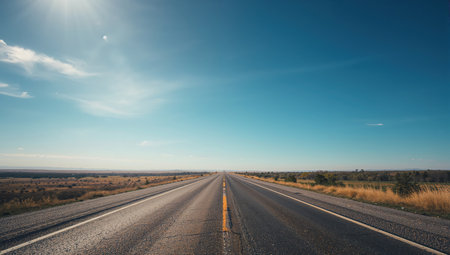 An empty highway in the middle of a field with blue sky.の素材